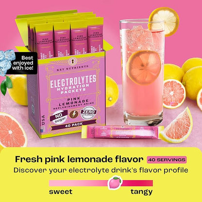 KEY NUTRIENTS Electrolytes Powder Packets - Fresh Pink Lemonade 40 Pack Hydration Packets - Travel Hydration Powder - No Sugar, No Calories, Gluten Free - Made in USA