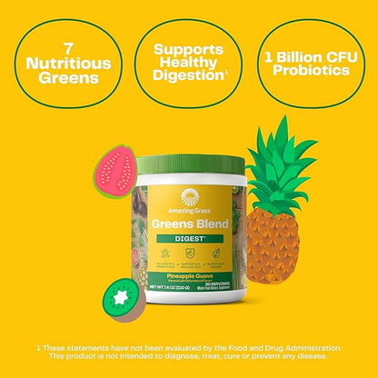 Amazing Grass Greens Blend Digest: Super Greens Powder Smoothie Mix for Digestion Support with Organic Spirulina, Chlorella, Beet Root Powder, Digestive Enzymes & Probiotics, 30 Servings