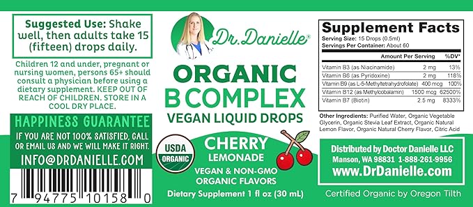 Organic Vitamin B Complex Liquid Drops | B Vitamins Complex Supplement with B3, B6, B7, B9 & Methyl B12 Drops for Adults & Kids | Vegan Cherry Flavor 1oz | 60 Servings / 2 Month Supply