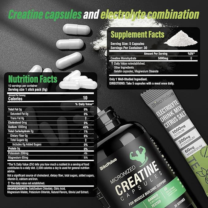 Creatine Capsules & Electrolytes Powder, 150 Creatine Capsules, 10 Pack Electrolyte Combination, Supplement for Muscle, Energy, Recovery, Gluten-Free Creatine for Women, Men (30 Servings)
