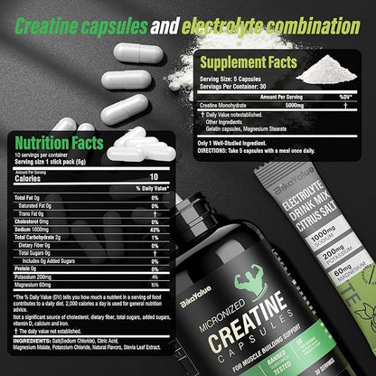 Creatine Capsules & Electrolytes Powder, 150 Creatine Capsules, 10 Pack Electrolyte Combination, Supplement for Muscle, Energy, Recovery, Gluten-Free Creatine for Women, Men (30 Servings)