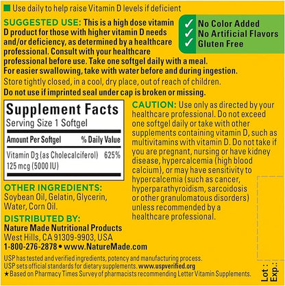 Nature Made Extra Strength Vitamin D3 5000 IU (125 mcg), Dietary Supplement for Bone, Teeth, Muscle and Immune Health Support, 90 Softgels, 90 Day Supply
