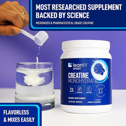 LeanFit Sport CREATINE MONOHYDRATE Powder, Unflavored - Informed Choice Certified, Micronized & Pharmaceutical Grade Creatine, Gluten-Free, Vegan – 5g Creatine Per Serving, 100 Servings, 17.64oz Tub