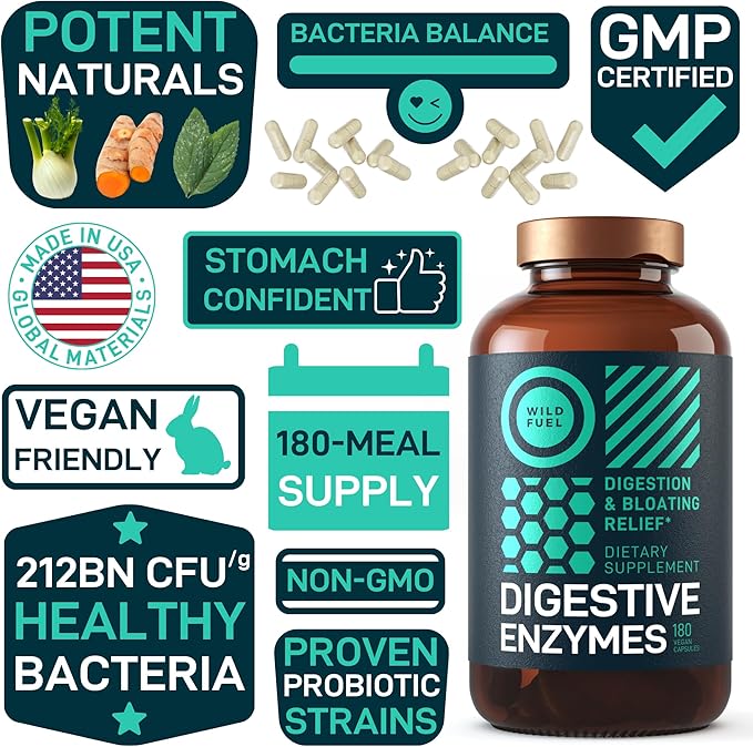 Digestive Enzymes with Probiotics and Prebiotics - Gut Health, Digestion IBS Supplement with Artichoke Ginger Turmeric – Vegan Probiotic Enzymes Digestive Health and Bloating Relief - 180 Caps