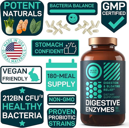 Digestive Enzymes with Probiotics and Prebiotics - Gut Health, Digestion IBS Supplement with Artichoke Ginger Turmeric – Vegan Probiotic Enzymes Digestive Health and Bloating Relief - 180 Caps
