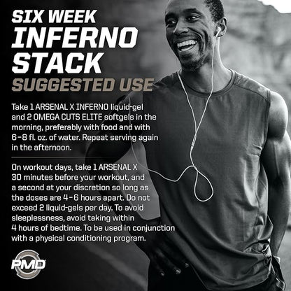 PMD Sports Six Week Inferno Stack - Maximum Strength Fat Burner and CLA Omega Fatty Acid to Lose Fat Fast and Increase Muscle Tone - Arsenal X Inferno/120 Liquid Gels, Omega Cuts Elite/180 Softgels