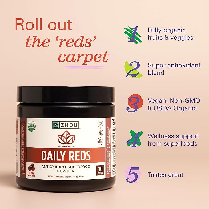 Zhou Nutrition USDA Organic Reds Antioxidant Superfood Powder, Vitamin C, Organic Tart Cherry, Beetroot, Cranberry, Goji Berry and More, Fiber, Immune Support, Non-GMO, Vegan, 30 Servings