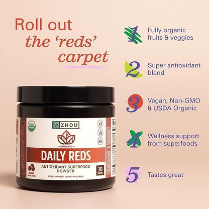 Zhou Nutrition USDA Organic Reds Antioxidant Superfood Powder, Vitamin C, Organic Tart Cherry, Beetroot, Cranberry, Goji Berry and More, Fiber, Immune Support, Non-GMO, Vegan, 30 Servings