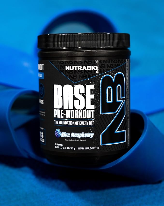 NutraBio Base Pre-Workout Sports Nutrition Powder - Sustained Energy, Mental Focus, Endurance, Hydration - Preworkout for Men and Women - Increase Energy- 30 Servings - Blue Raspberry