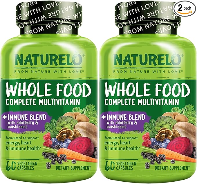 NATURELO Whole Food Multivitamin + Immune Blend with Elderberry & Mushrooms - Complete Multivitamin with Extra Immune Support - C, D3, Zinc, Elderberry, Reishi, Shitake - 60 Vegan Capsules (Pack of 2)
