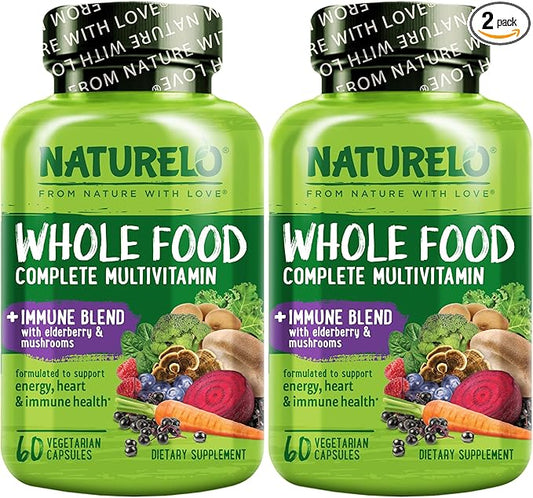 NATURELO Whole Food Multivitamin + Immune Blend with Elderberry & Mushrooms - Complete Multivitamin with Extra Immune Support - C, D3, Zinc, Elderberry, Reishi, Shitake - 60 Vegan Capsules (Pack of 2)