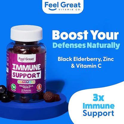 Feel Great Immunity Support Gummies with Elderberry, Zinc and Vitamin C | Sambucus Nigra Supplement | 60 Gummies