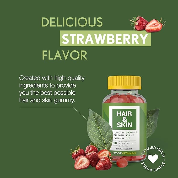 Noor Vitamins Halal Hair Vitamins Biotin, Collagen, Silica, Vitamin C & E Supports Hair, Skin & Nail Health; Natural Strawberry Gummy Vitamins. GMO, Gluten Free & a Certified Halal Vitamin (90 Count)