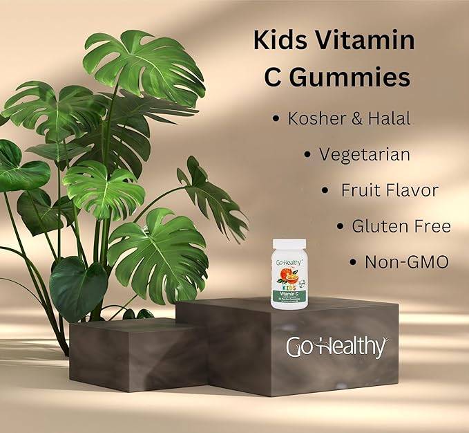 Go Healthy Vitamin C Gummies for Kids - Toddler & Children's Vitamin Gummy Supplement, Growth & Immune Support – Kosher, Halal, Non-GMO, Gluten-Free, Delicious Orange Flavor - 60 Servings