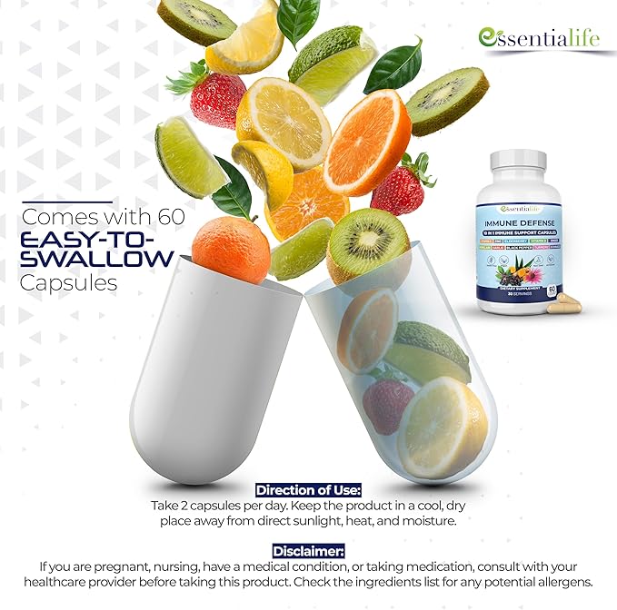 Immune Support Supplement 10 in 1 Elderberry, Echinacea, Vitamin D, Vitamin C 1000mg & Zinc Supplement - Take Charge of Your Health with Immune Booster for Adults - 60 Vitamins Capsules