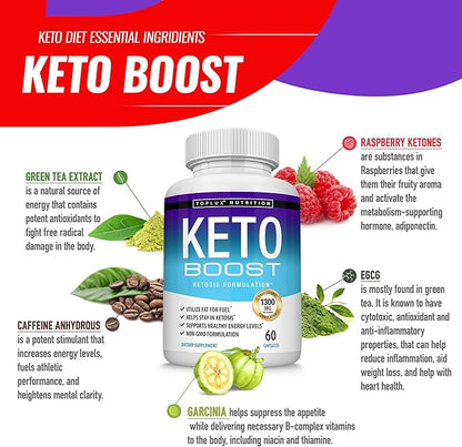 Keto Boost Diet Pills Ketosis Supplement - Natural Exogenous Keto Formula Support Energy & Focus, Advanced Ketones for Ketogenic Diet, for Men Women