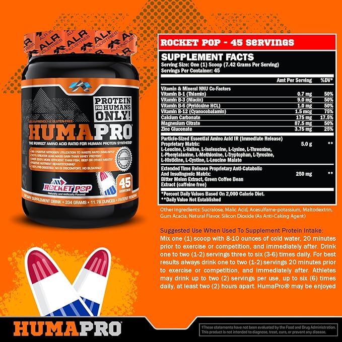 Humapro | Amino Acids Protein Matrix for Humans | 99% Utilization for Lean Muscle | Vegan, Gluten Free | 334g / 45 Servings (Rocket Pop)