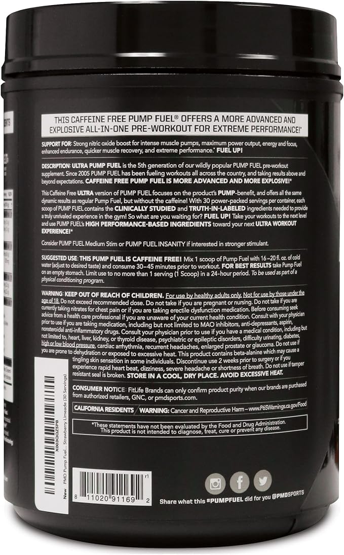 PMD Sports Ultra Pump Fuel Caffeine Free - Pre Workout Drink Mix - Energy, Strength, Endurance, Recovery Complex Carbohydrates and Amino Energy - Strawberry Limeade (30 Servings)