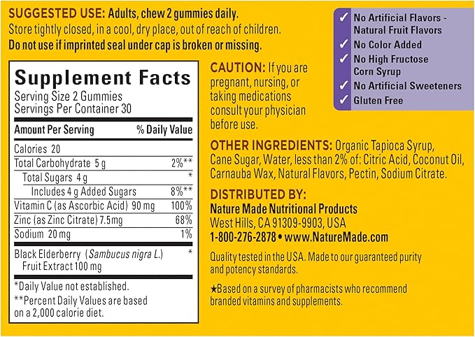 Nature Made Elderberry with Vitamin C and Zinc, Dietary Supplement for Immune Support, 60 Elderberry Gummies, 30 Day Supply