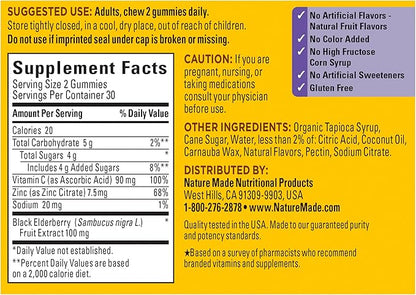 Nature Made Elderberry with Vitamin C and Zinc, Dietary Supplement for Immune Support, 60 Elderberry Gummies, 30 Day Supply