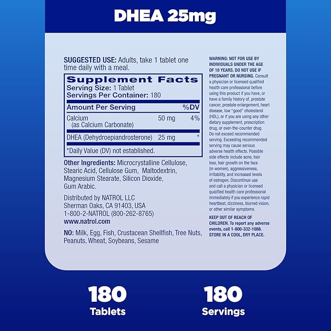 Natrol Mood & Stress DHEA 25mg With Calcium, Dietary Supplement for Balance of Certain Hormone Level and Mood Support, 180 Tablets, 180 Day Supply
