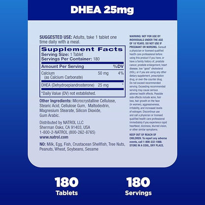 Natrol Mood & Stress DHEA 25mg With Calcium, Dietary Supplement for Balance of Certain Hormone Level and Mood Support, 180 Tablets, 180 Day Supply