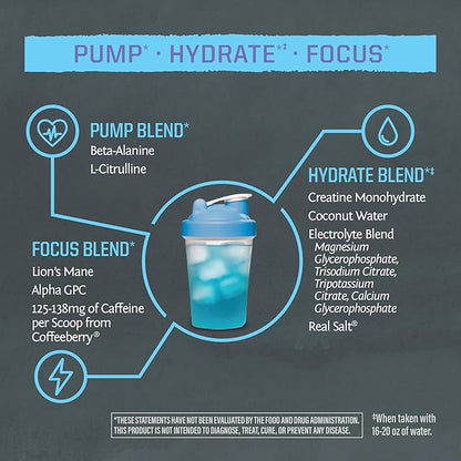 Pre Workout Powder Energy Drink | Vegan, Plant-Based, Pre-Workout Supplement | Pump, Hydrate, Focus, Endurance, & Strength Builder | Blue Raspberry Pineapple Flavored | 30 Servings | Active Preworkout