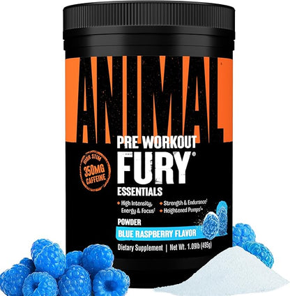 Animal Fury Pre Workout Powder - Energy and Focus Supplement with 5g BCAA, 350mg Caffeine Nitric Oxide Booster with Beta-Alanine, Preworkout for Men and Women, Blue Raspberry Flavor, 30 Servings