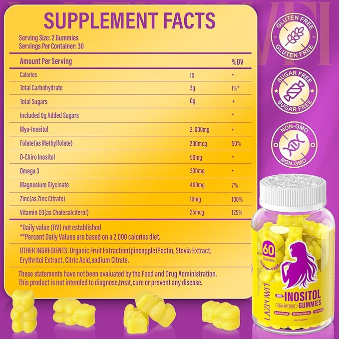 Myo-Inositol & D-Chiro Inositol,Inositol Gummies with Vitamin D3, Magnesium Glycinate, Omega-3, Folate & Zinc, 2760mg Inositol Supplement Menstrual Cycle for Women-40:1 Ratio-30 Day Supply