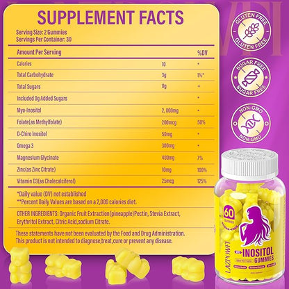 Myo-Inositol & D-Chiro Inositol,Inositol Gummies with Vitamin D3, Magnesium Glycinate, Omega-3, Folate & Zinc, 2760mg Inositol Supplement Menstrual Cycle for Women-40:1 Ratio-30 Day Supply