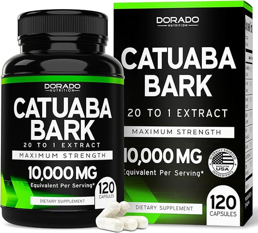 Catuaba Bark Extract 10,000mg Per Serving (120 Capsules) (Erythroxylum Catuaba) 3rd Party Tested - Drive & Stamina - Made in The USA - Gluten Free & Non-GMO - Vegan - For Men & Women - (120 Capsules)