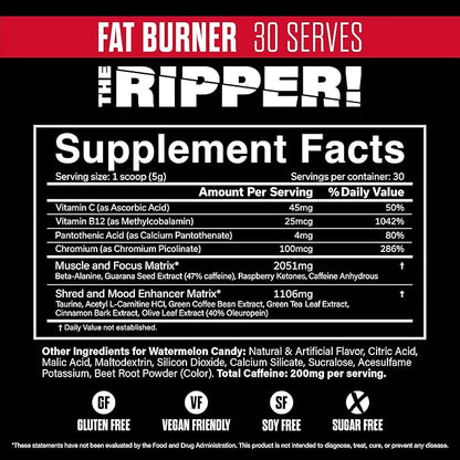 JNX SPORTS The Ripper! Shredding Thermogenic Fat Burner - Watermelon Candy 30 Servings | Advanced Fast Acting Thermogenic Pre-Workout, Appetite Suppressant for Men & Women