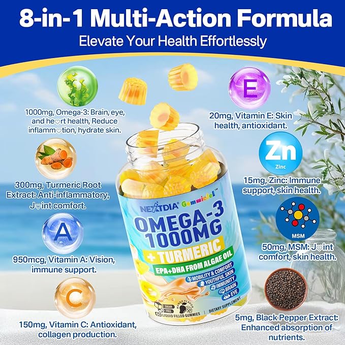 Vegan Omega-3 Gummies 1000mg + Turmeric - Omega 3 Fish Oil Alternative for Adults - Algae Omega DHA 600mg & EPA 300mg, Vitamins A, C, E, Zinc & MSM - Mobility, Immune, Eye & Brain, Sugar Free, 60 Cts