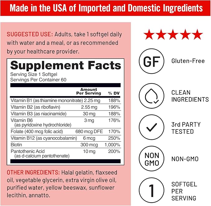 NatureWise Vitamin B Complex for Women and Men - with Folic Acid Biotin B1 B2 B3 B6 B12 - Support Cellular Energy & Mental Clarity - Gluten & Dairy Free, Non-GMO - 60 Softgels[2-Month Supply]