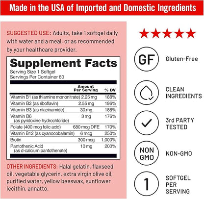 NatureWise Vitamin B Complex for Women and Men - with Folic Acid Biotin B1 B2 B3 B6 B12 - Support Cellular Energy & Mental Clarity - Gluten & Dairy Free, Non-GMO - 60 Softgels[2-Month Supply]