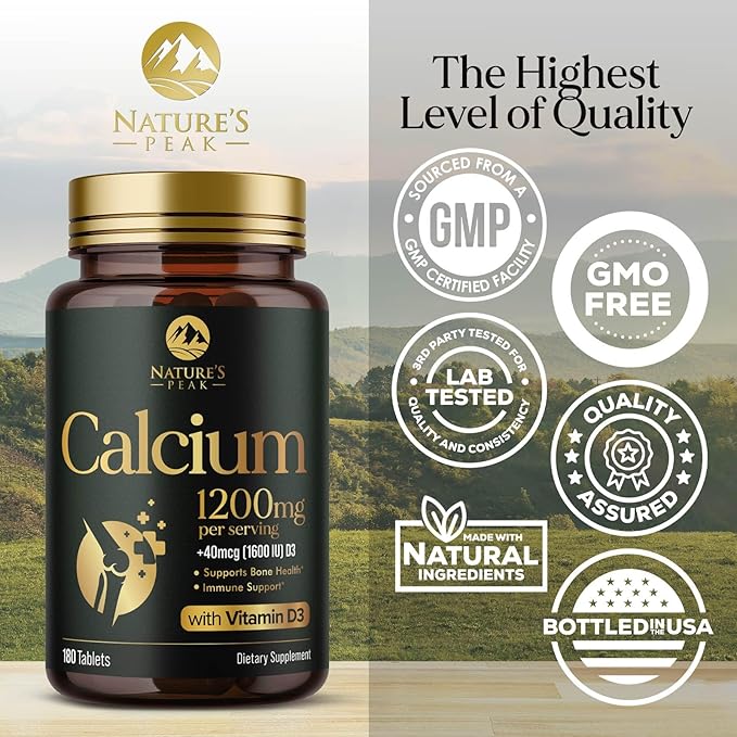 Calcium 1200 mg with Vitamin D3, Calcium Supplement Vitamins, Bone, Teeth & Immune Health Support, Calcium Supplements with D for Women & Men, Nature's Absorbable Calcium Carbonate - 180 Tablets