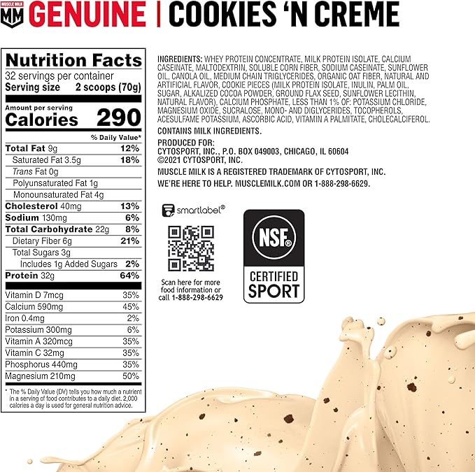 Muscle Milk Genuine Protein Powder, Cookies 'n Crème, 4.94 Pound, 32 Servings, 32g Protein, 2g Sugar, Calcium, Vitamins A, C & D, NSF Certified for Sport, Energizing Snack, Packaging May Vary