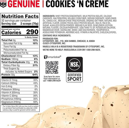 Muscle Milk Genuine Protein Powder, Cookies 'n Crème, 4.94 Pound, 32 Servings, 32g Protein, 2g Sugar, Calcium, Vitamins A, C & D, NSF Certified for Sport, Energizing Snack, Packaging May Vary