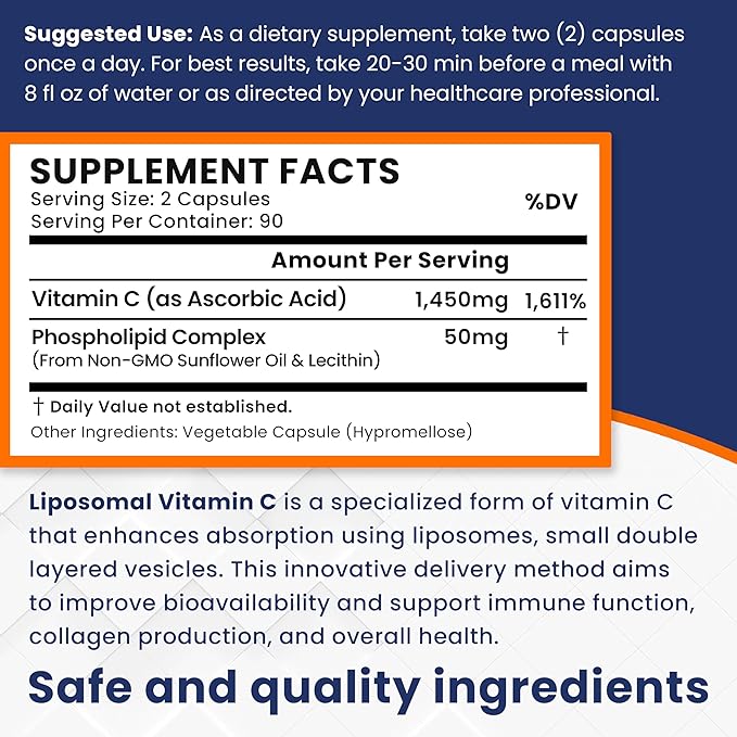 Liposomal Vitamin C 1450mg - 180 Capsules Ultra Absorption Ascorbic Acid VIT C Supports Immune System Fat Soluble Antioxidant & Collagen Booster Compare to Vitamin C 1000mg or 500mg Non-GMO Vegan