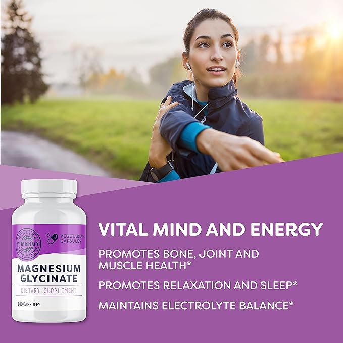 Vimergy Magnesium Glycinate – Stress Support – Chelated to Avoid Tummy Upset*– Promotes Heart Health & Energy*– Kosher, Vegan Gluten-Free – 180 Caps
