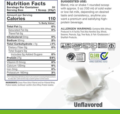 ALLMAX ISONATURAL Whey Protein Isolate, Unflavored - 2 lb - 27 Grams of Protein Per Scoop - Zero Fat & Sugar - 99% Lactose Free - with Prebiotics - No Artificial Flavors - Approx. 31 Servings