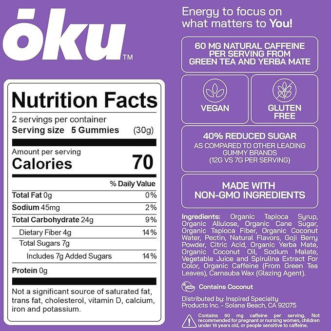 ōku Conscious Energy Gummy Snacks – Natural Caffeine from Green Tea & Yerba Mate, Vegan, Clean Ingredients, Gluten-Free, Focused Energy, Antioxidants & Fiber, Grape Pack of 12