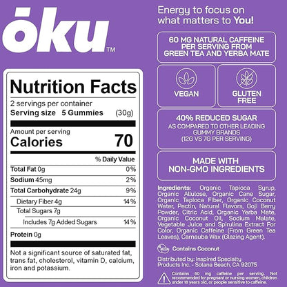 ōku Conscious Energy Gummy Snacks – Natural Caffeine from Green Tea & Yerba Mate, Vegan, Clean Ingredients, Gluten-Free, Focused Energy, Antioxidants & Fiber, Variety Pack of 8