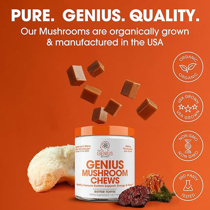Genius Mushroom Soft Chews – Lion's Mane, Cordyceps, Reishi Complex for Energy, Focus, Brain Health, Immune Support – Nootropic Chew, Butter Toffee Flavor