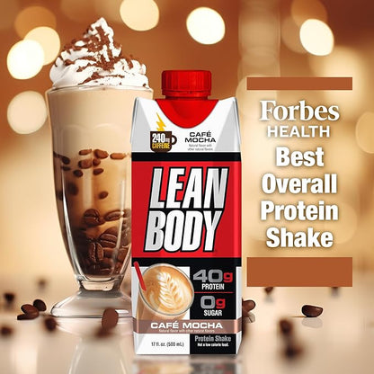 Lean Body Ready-to-Drink Café Mocha Protein Shake, 240mg Caffeine, 40g Protein, Whey Blend, 0 Sugar, Gluten Free, 22 Vitamins & Minerals, (Recyclable Carton & Lid - Pack of 12) LABRADA