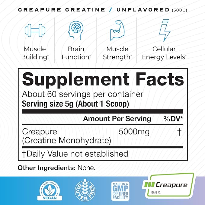 Muscle Feast Creapure Creatine Monohydrate Powder, Vegan Keto Friendly Gluten-Free, Mass Gainer, Muscle Recovery Supplement and Best Creatine for Muscle Growth, Unflavored, 300g