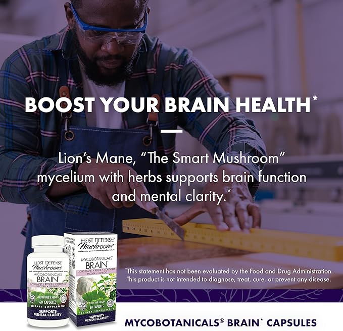 Host Defense MycoBotanicals Brain* Capsules - Brain Support Supplement with Lion's Mane, Reishi & Cordyceps Mushroom - Herbal Supplement for Memory & Focus Support - 60 Capsules (30 Servings)*