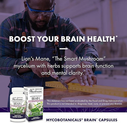 Host Defense MycoBotanicals Brain* Capsules - Brain Support Supplement with Lion's Mane, Reishi & Cordyceps Mushroom - Herbal Supplement for Memory & Focus Support - 60 Capsules (30 Servings)*