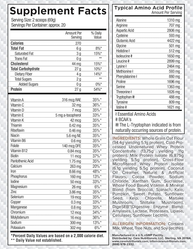 Core Nutritionals Platinum MRP Full Spectrum Meal Replacement, Sustained Release For All Day Amino Acid Support, 27G Protein, 20 Servings (Chocolate Caramel Candy Bar)