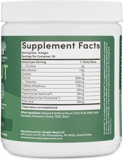 Pre Workout Powder for Men & Women (30 Servings of Caffeine, Beta Alanine, L-Citrulline, Dynamine, L-Theanine, Taurine, Theacrine, & More) Preworkout Powder with Scoop by Double Wood (Blue Raspberry)